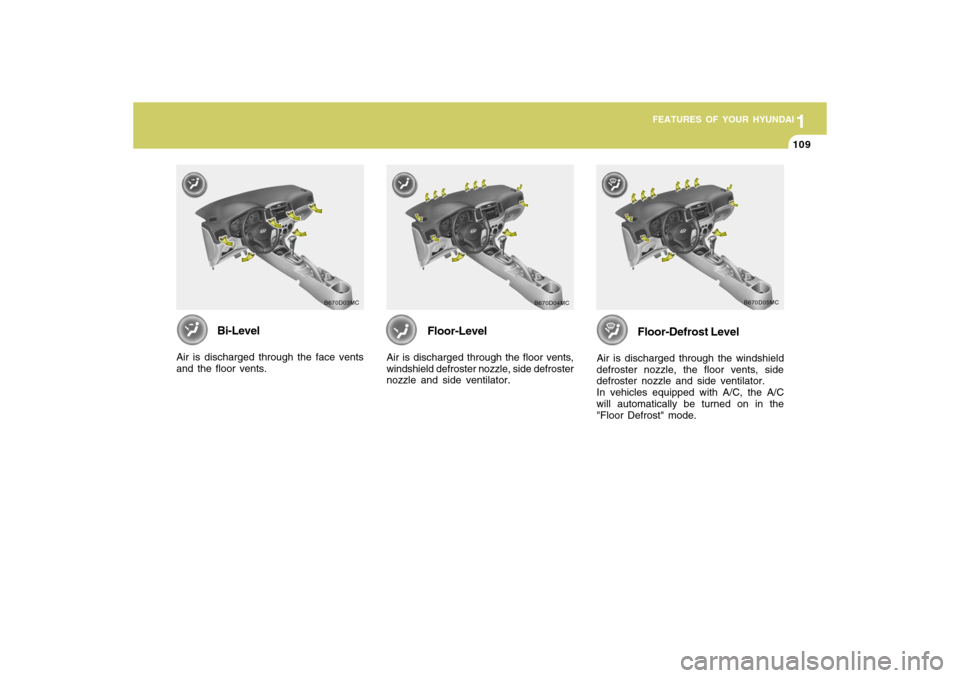 Hyundai Accent 2009 Owners Manual 1
FEATURES OF YOUR HYUNDAI
1091
FEATURES OF YOUR HYUNDAI
109
Bi-Level
Air is discharged through the face vents
and the floor vents.
Floor-Level
Air is discharged through the floor vents,
windshield de Hyundai Accent 2009 Owners Manual 1
FEATURES OF YOUR HYUNDAI
1091
FEATURES OF YOUR HYUNDAI
109
Bi-Level
Air is discharged through the face vents
and the floor vents.
Floor-Level
Air is discharged through the floor vents,
windshield de