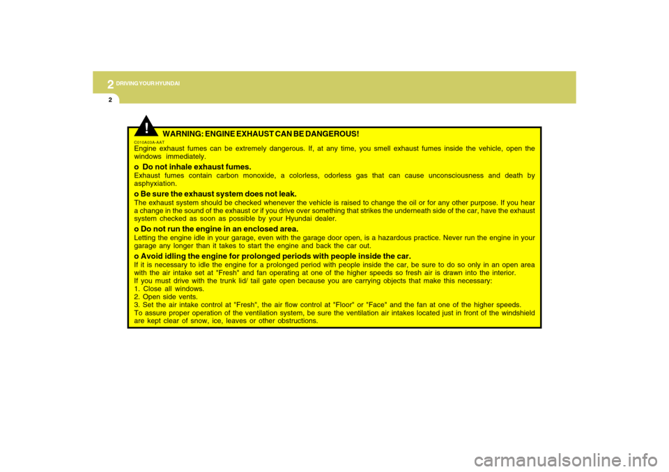 Hyundai Accent 2009  Owners Manual 2
DRIVING YOUR HYUNDAI2
!
WARNING: ENGINE EXHAUST CAN BE DANGEROUS!
C010A03A-AATEngine exhaust fumes can be extremely dangerous. If, at any time, you smell exhaust fumes inside the vehicle, open the
w