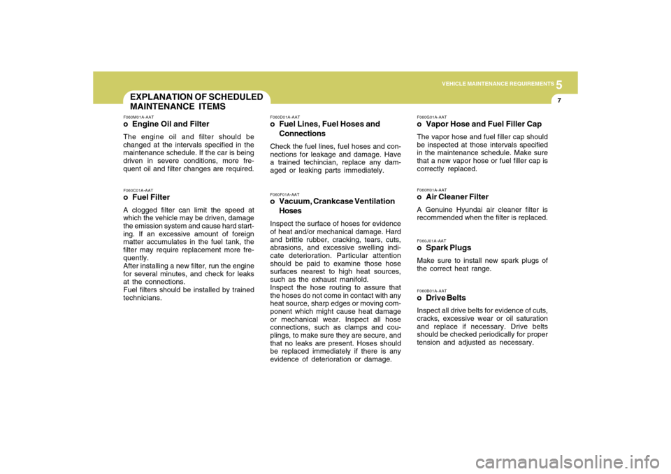 Hyundai Accent 2009  Owners Manual 5
VEHICLE MAINTENANCE REQUIREMENTS
7
EXPLANATION OF SCHEDULED
MAINTENANCE ITEMS
F060D01A-AATo Fuel Lines, Fuel Hoses and
ConnectionsCheck the fuel lines, fuel hoses and con-
nections for leakage and d