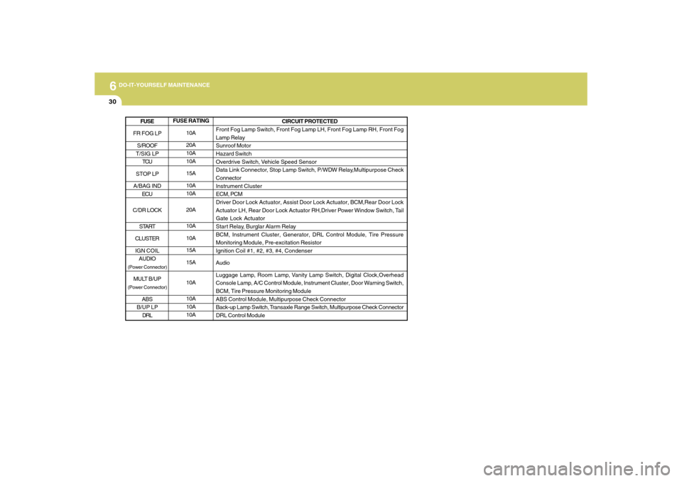 Hyundai Accent 2009  Owners Manual 6
DO-IT-YOURSELF MAINTENANCE
30
FUSE RATING
10A
20A
10A
10A
15A
10A
10A
20A
10A
10A
15A
15A
10A
10A
10A
10ACIRCUIT PROTECTED
Front Fog Lamp Switch, Front Fog Lamp LH, Front Fog Lamp RH, Front Fog
Lamp