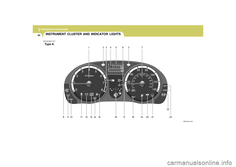 Hyundai Accent 2009 Repair Manual 1FEATURES OF YOUR HYUNDAI60
INSTRUMENT CLUSTER AND INDICATOR LIGHTS
OMC029410N B260A02MC-AAT
Type A Hyundai Accent 2009 Repair Manual 1FEATURES OF YOUR HYUNDAI60
INSTRUMENT CLUSTER AND INDICATOR LIGHTS
OMC029410N B260A02MC-AAT
Type A