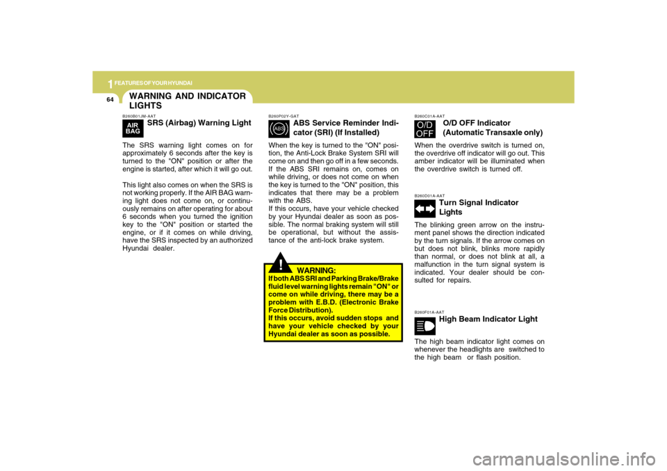 Hyundai Accent 2009  Owners Manual 1FEATURES OF YOUR HYUNDAI64
WARNING AND INDICATOR
LIGHTS
!
B260P02Y-GAT
ABS Service Reminder Indi-
cator (SRI) (If Installed)
When the key is turned to the "ON" posi-
tion, the Anti-Lock Brake System 