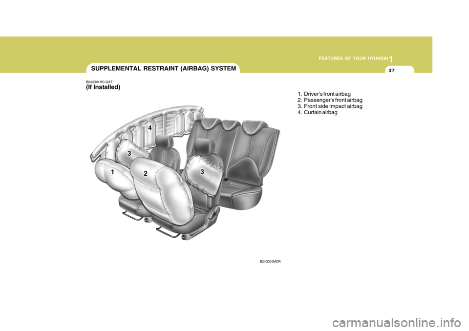 Hyundai Accent 2009   - RHD (UK. Australia) Service Manual 1
FEATURES OF YOUR HYUNDAI
37
B240D01MC-GAT (If Installed)
SUPPLEMENTAL RESTRAINT (AIRBAG) SYSTEM
1. Drivers front airbag 
2. Passengers front airbag
3. Front side impact airbag 
4. Curtain airbag
B