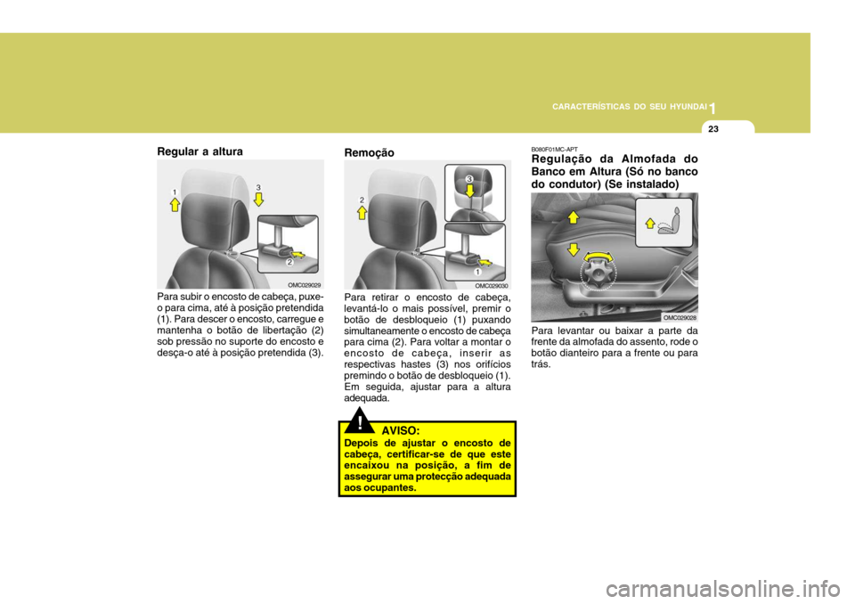 Hyundai Accent 2009  Manual do proprietário (in Portuguese) 1
CARACTERÍSTICAS DO SEU HYUNDAI
23
Regular a altura Para subir o encosto de cabeça, puxe- o para cima, até à posição pretendida(1). Para descer o encosto, carregue e mantenha o botão de libert