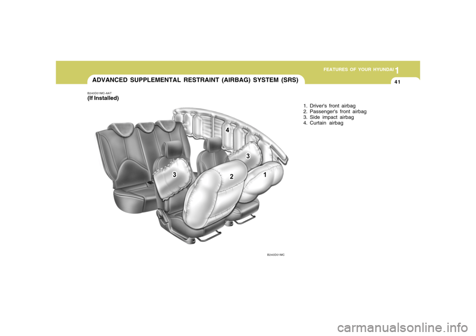 Hyundai Accent 2008 Workshop Manual 1
FEATURES OF YOUR HYUNDAI
411
FEATURES OF YOUR HYUNDAI
41
B240D01MC-AAT(If Installed)ADVANCED SUPPLEMENTAL RESTRAINT (AIRBAG) SYSTEM (SRS)
1. Drivers front airbag
2. Passengers front airbag
3. Side Hyundai Accent 2008 Workshop Manual 1
FEATURES OF YOUR HYUNDAI
411
FEATURES OF YOUR HYUNDAI
41
B240D01MC-AAT(If Installed)ADVANCED SUPPLEMENTAL RESTRAINT (AIRBAG) SYSTEM (SRS)
1. Drivers front airbag
2. Passengers front airbag
3. Side