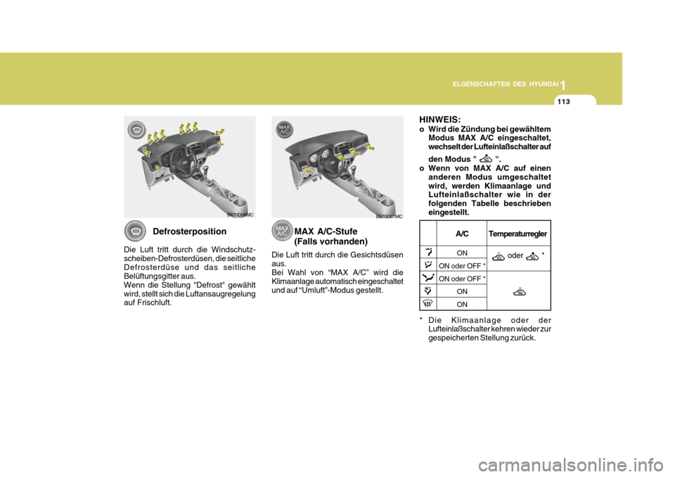 Hyundai Accent 2008 Betriebsanleitung (in German) 1
ELGENSCHAFTEN DES HYUNDAI
113113113
B670D06MCB670D07MC
Defrosterposition
Die Luft tritt durch die Windschutz- scheiben-Defrosterdüsen, die seitlicheDefrosterdüse und das seitliche Belüftungsgitte Hyundai Accent 2008 Betriebsanleitung (in German) 1
ELGENSCHAFTEN DES HYUNDAI
113113113
B670D06MCB670D07MC
Defrosterposition
Die Luft tritt durch die Windschutz- scheiben-Defrosterdüsen, die seitlicheDefrosterdüse und das seitliche Belüftungsgitte