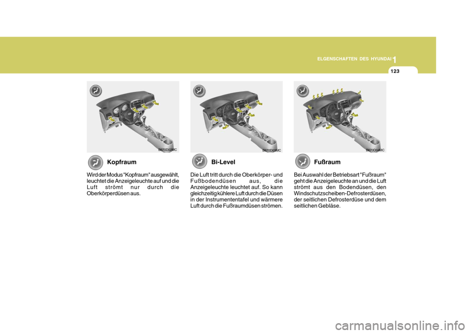 Hyundai Accent 2008  Betriebsanleitung (in German) 1
ELGENSCHAFTEN DES HYUNDAI
123123123
B670D04MCB670D02MC
B670D03MC
Kopfraum
Wird der Modus "Kopfraum" ausgewählt, leuchtet die Anzeigeleuchte auf und dieLuft strömt nur durch die Oberkörperdüsen a