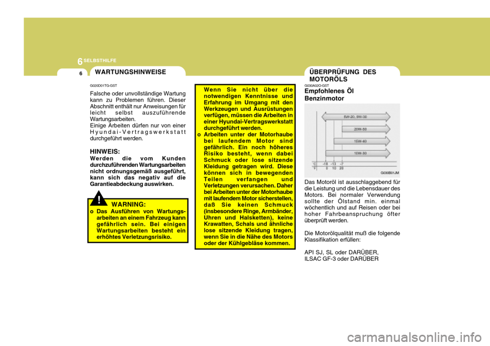 Hyundai Accent 2008  Betriebsanleitung (in German) 6SELBSTHILFE
6ÜBERPRÜFUNG DES MOTORÖLS
G030A02O-GST
Empfohlenes Öl Benzinmotor
G030B01JM
WARTUNGSHINWEISE
!
G020D01TG-GST Falsche oder unvollständige Wartung kann zu Problemen führen. DieserAbsc