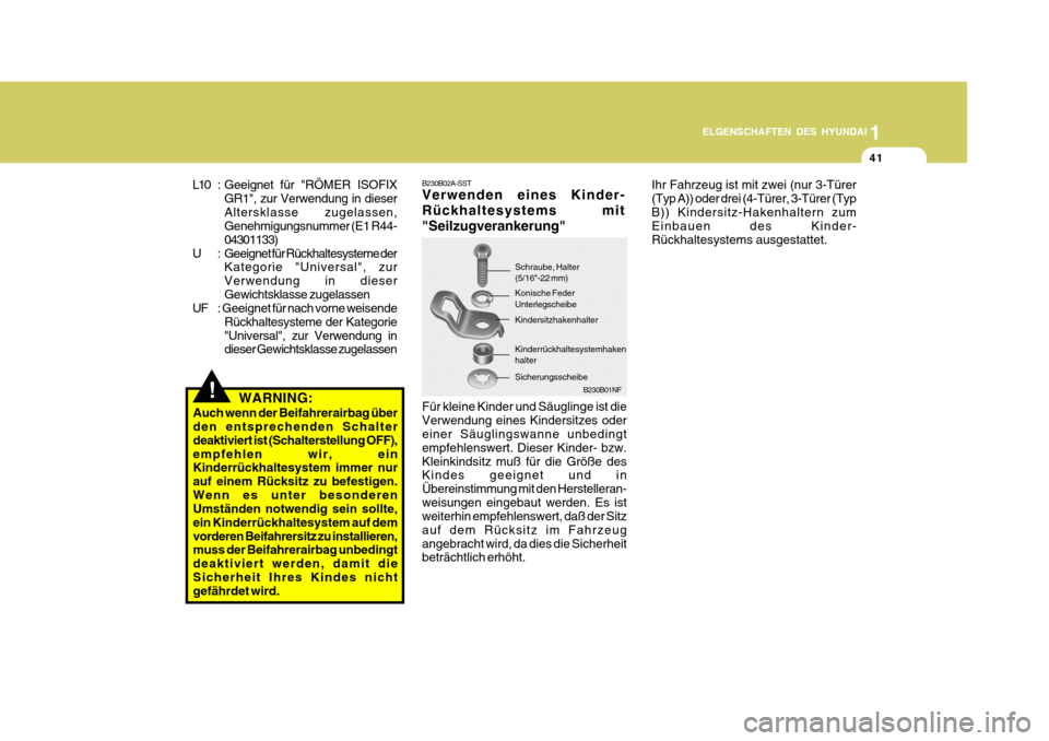 Hyundai Accent 2008  Betriebsanleitung (in German) 1
41
ELGENSCHAFTEN DES HYUNDAI
B230B01NF
B230B02A-SST Verwenden eines Kinder- Rückhaltesystems mit"Seilzugverankerung"Ihr Fahrzeug ist mit zwei (nur 3-Türer (Typ A)) oder drei (4-Türer, 3-Türer (T