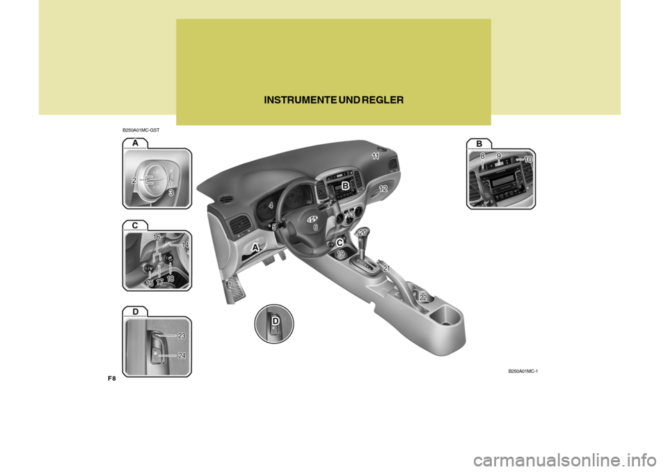 Hyundai Accent 2008 Betriebsanleitung (in German) F8B250A01MC-GST
INSTRUMENTE UND REGLERB250A01MC-1 Hyundai Accent 2008 Betriebsanleitung (in German) F8B250A01MC-GST
INSTRUMENTE UND REGLERB250A01MC-1