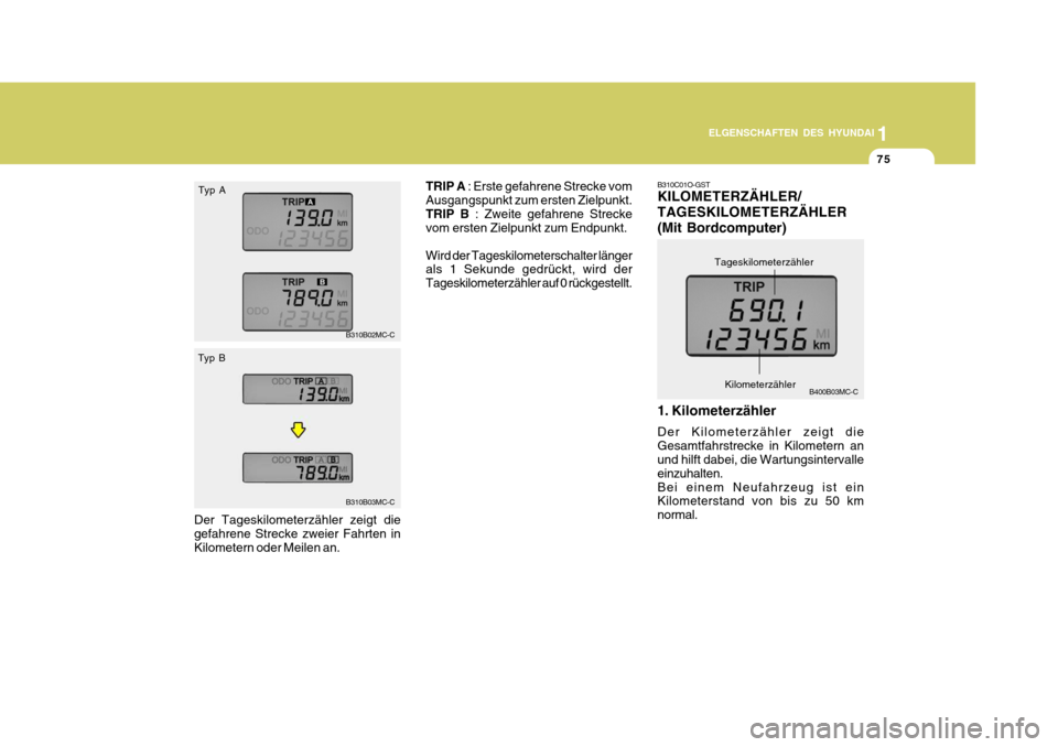 Hyundai Accent 2008  Betriebsanleitung (in German) 1
75
ELGENSCHAFTEN DES HYUNDAI
B400B03MC-C
B310B02MC-C
B310B03MC-C
Typ A
Typ B
Der Tageskilometerzähler zeigt die gefahrene Strecke zweier Fahrten in Kilometern oder Meilen an. TRIP A 
: Erste gefahr