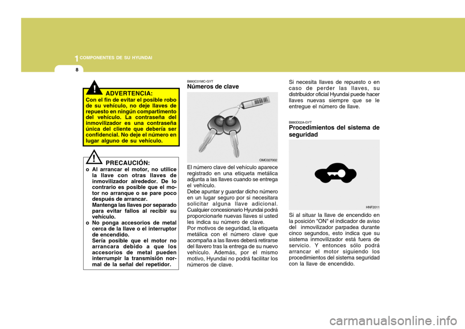Hyundai Accent 2008 Manual del propietario (in Spanish) 1COMPONENTES DE SU HYUNDAI
8
B880C01MC-GYT Números de clave
B880D02A-GYT Procedimientos del sistema de seguridad
El número clave del vehículo aparece registrado en una etiqueta metálica adjunta a Hyundai Accent 2008 Manual del propietario (in Spanish) 1COMPONENTES DE SU HYUNDAI
8
B880C01MC-GYT Números de clave
B880D02A-GYT Procedimientos del sistema de seguridad
El número clave del vehículo aparece registrado en una etiqueta metálica adjunta a