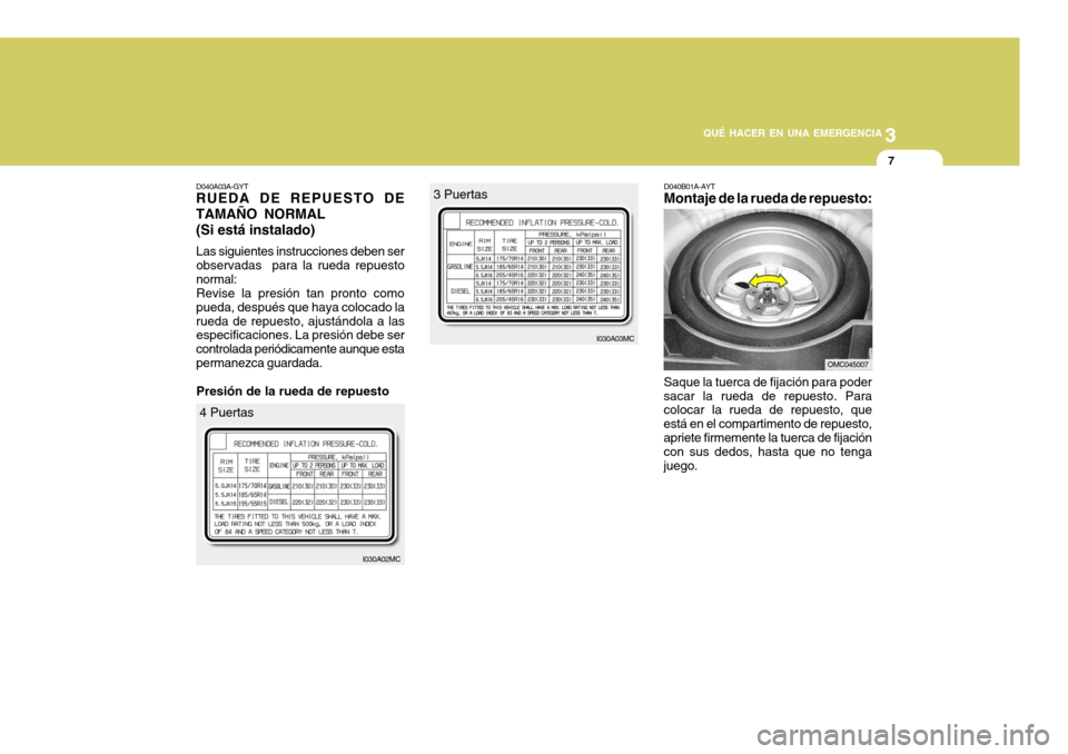 Hyundai Accent 2008 Manual del propietario (in Spanish) 3
QUÉ HACER EN UNA EMERGENCIA
7
D040B01A-AYT
Montaje de la rueda de repuesto:
Saque la tuerca de fijación para poder sacar la rueda de repuesto. Para colocar la rueda de repuesto, que está en el co Hyundai Accent 2008 Manual del propietario (in Spanish) 3
QUÉ HACER EN UNA EMERGENCIA
7
D040B01A-AYT
Montaje de la rueda de repuesto:
Saque la tuerca de fijación para poder sacar la rueda de repuesto. Para colocar la rueda de repuesto, que está en el co