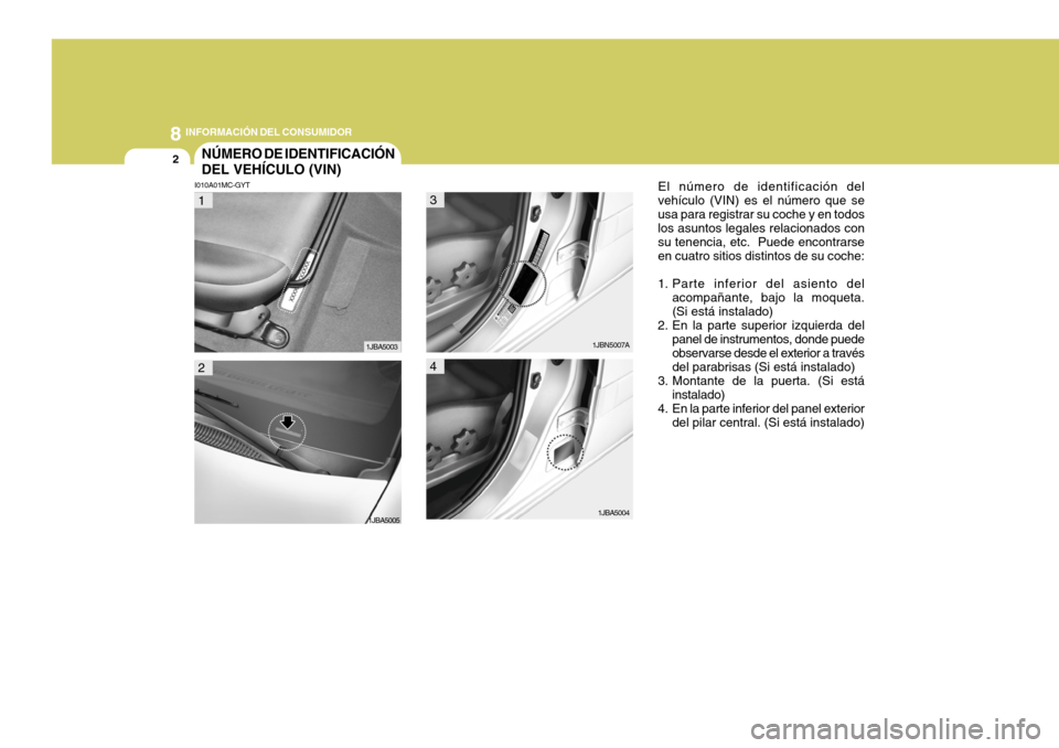 Hyundai Accent 2008 Manual del propietario (in Spanish) 8INFORMACIÓN DEL CONSUMIDOR
2NÚMERO DE IDENTIFICACIÓN DEL VEHÍCULO (VIN)
I010A01MC-GYT
El número de identificación del
vehículo (VIN) es el número que se usa para registrar su coche y en todos Hyundai Accent 2008 Manual del propietario (in Spanish) 8INFORMACIÓN DEL CONSUMIDOR
2NÚMERO DE IDENTIFICACIÓN DEL VEHÍCULO (VIN)
I010A01MC-GYT
El número de identificación del
vehículo (VIN) es el número que se usa para registrar su coche y en todos