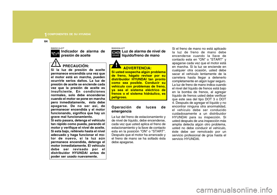 Hyundai Accent 2008 Manual del propietario (in Spanish) 1COMPONENTES DE SU HYUNDAI
64
Si el freno de mano no está aplicado
la luz de freno de mano debe encenderse cuando la llave de contacto esta en "ON" o "START" y apagarse cada vez que el motor estáen Hyundai Accent 2008 Manual del propietario (in Spanish) 1COMPONENTES DE SU HYUNDAI
64
Si el freno de mano no está aplicado
la luz de freno de mano debe encenderse cuando la llave de contacto esta en "ON" o "START" y apagarse cada vez que el motor estáen