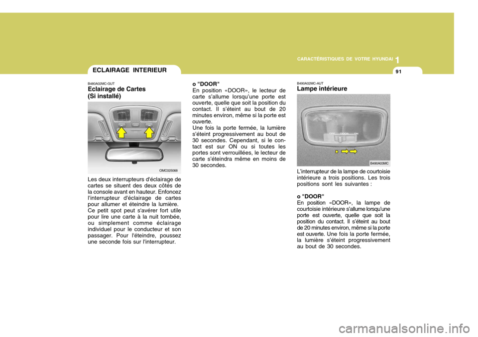 Hyundai Accent 2008 Manuel du propriétaire (in French) 11
CARACTÉRISTIQUES DE VOTRE HYUNDAI
91ECLAIRAGE INTERIEUR
B480A02MC-GUT Eclairage de Cartes (Si installé) Les deux interrupteurs déclairage de cartes se situent des deux côtés dela console avan Hyundai Accent 2008 Manuel du propriétaire (in French) 11
CARACTÉRISTIQUES DE VOTRE HYUNDAI
91ECLAIRAGE INTERIEUR
B480A02MC-GUT Eclairage de Cartes (Si installé) Les deux interrupteurs déclairage de cartes se situent des deux côtés dela console avan