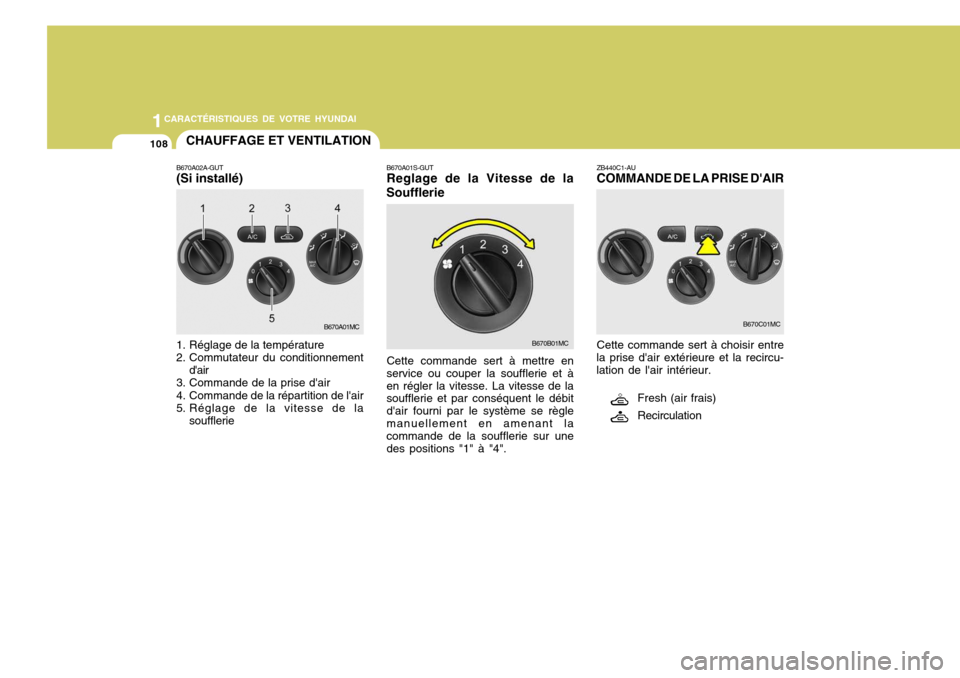 Hyundai Accent 2008  Manuel du propriétaire (in French) 11CARACTÉRISTIQUES DE VOTRE HYUNDAI
108CHAUFFAGE ET VENTILATION
B670A02A-GUT (Si installé) 
1. Réglage de la température 
2. Commutateur du conditionnement dair
3. Commande de la prise dair
4. C