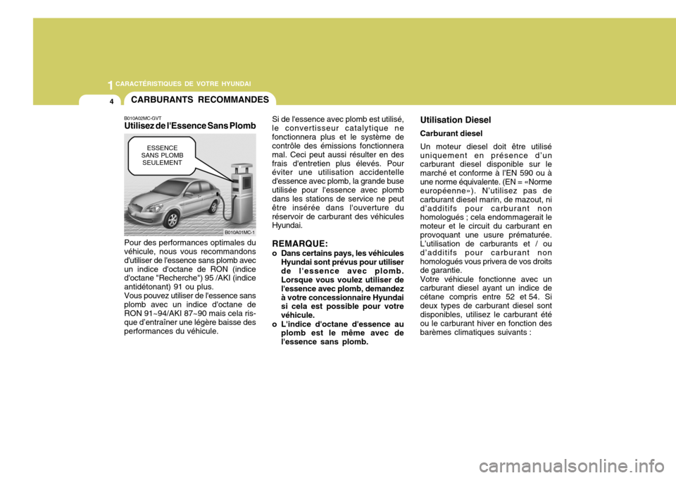 Hyundai Accent 2008 Manuel du propriétaire (in French) 1CARACTÉRISTIQUES DE VOTRE HYUNDAI
4CARBURANTS RECOMMANDES
B010A02MC-GVT Utilisez de lEssence Sans Plomb Pour des performances optimales du véhicule, nous vous recommandons dutiliser de lessence Hyundai Accent 2008 Manuel du propriétaire (in French) 1CARACTÉRISTIQUES DE VOTRE HYUNDAI
4CARBURANTS RECOMMANDES
B010A02MC-GVT Utilisez de lEssence Sans Plomb Pour des performances optimales du véhicule, nous vous recommandons dutiliser de lessence