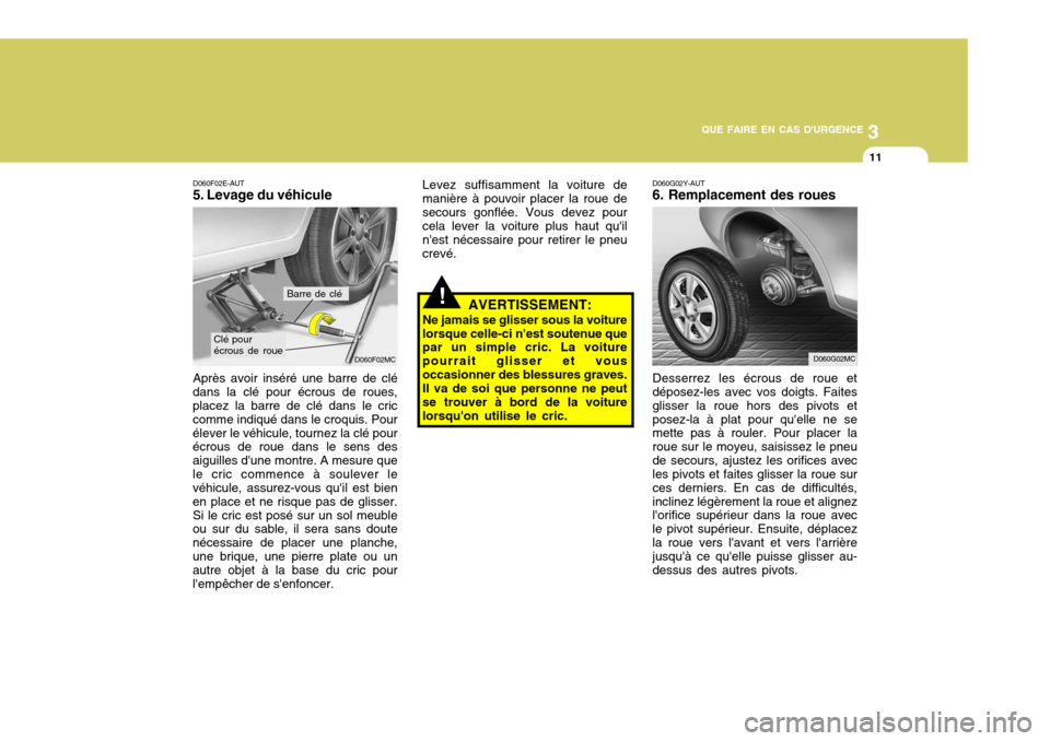 Hyundai Accent 2008  Manuel du propriétaire (in French) 3
QUE FAIRE EN CAS DURGENCE
11
D060G02Y-AUT 6. Remplacement des roues Desserrez les écrous de roue et déposez-les avec vos doigts. Faites glisser la roue hors des pivots etposez-la à plat pour qu