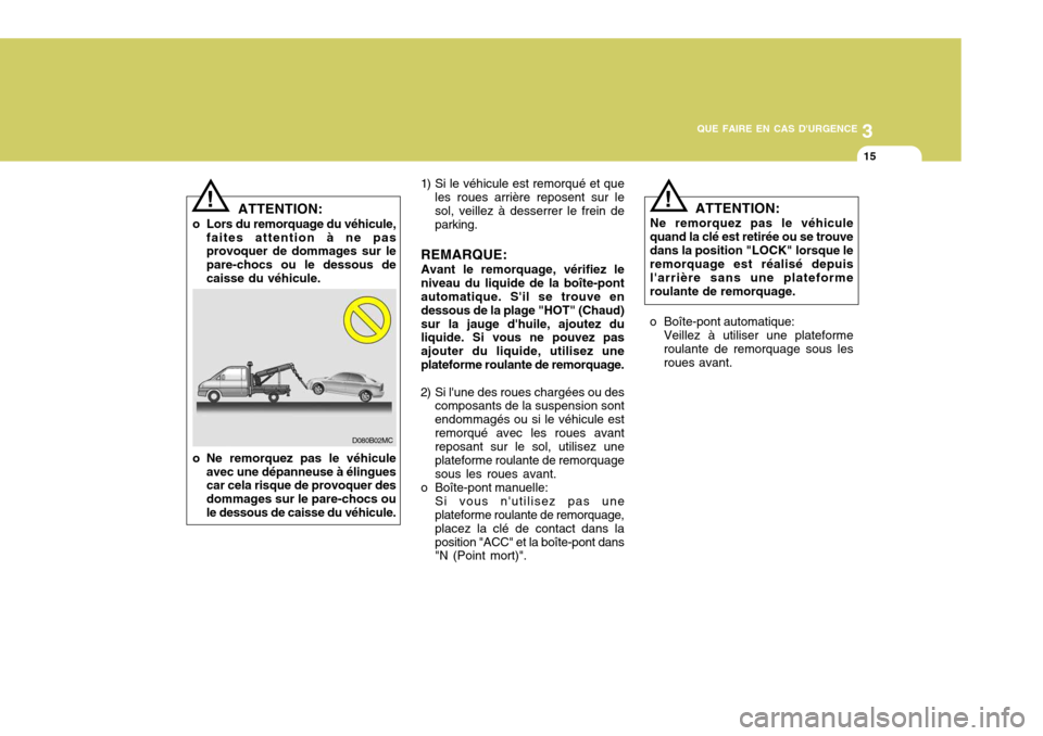 Hyundai Accent 2008  Manuel du propriétaire (in French) 3
QUE FAIRE EN CAS DURGENCE
15
!
ATTENTION:
Ne remorquez pas le véhicule quand la clé est retirée ou se trouvedans la position "LOCK" lorsque le remorquage est réalisé depuis larrière sans une
