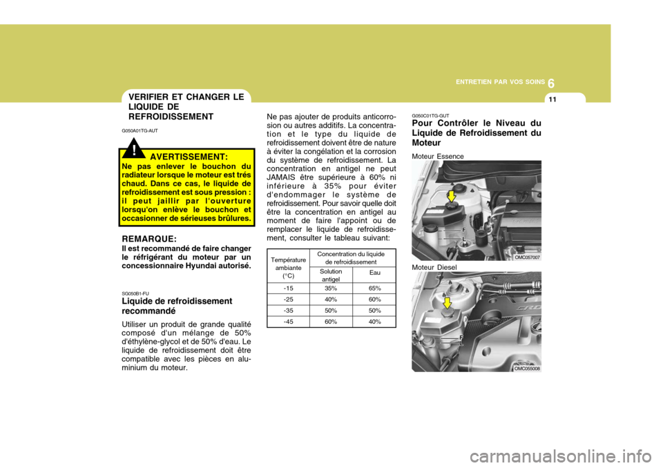 Hyundai Accent 2008  Manuel du propriétaire (in French) 6
ENTRETIEN PAR VOS SOINS
11
G050C01TG-GUT Pour Contrôler le Niveau du Liquide de Refroidissement duMoteur Moteur Essence
SG050B1-FU Liquide de refroidissement recommandé Utiliser un produit de gran