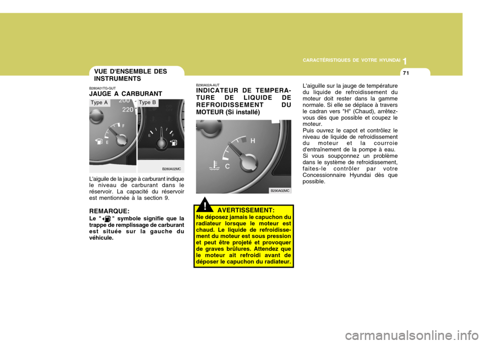 Hyundai Accent 2008  Manuel du propriétaire (in French) 11
CARACTÉRISTIQUES DE VOTRE HYUNDAI
71VUE DENSEMBLE DES INSTRUMENTS
B280A01TG-GUT JAUGE A CARBURANT
Laiguile de la jauge à carburant indiquele niveau de carburant dans le réservoir. La capacité