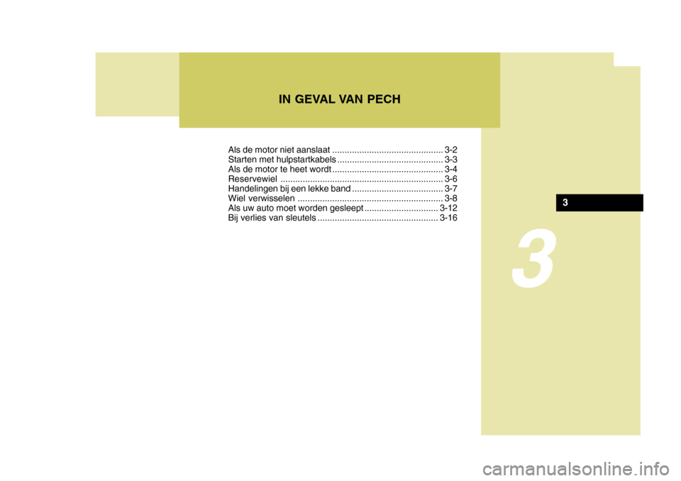 Hyundai Accent 2008  Handleiding (in Dutch) 3
IN GEVAL VAN PECH
3
Als de motor niet aanslaat ............................................. 3-2 
Starten met hulpstartkabels ........................................... 3-3
Als de motor te heet wor