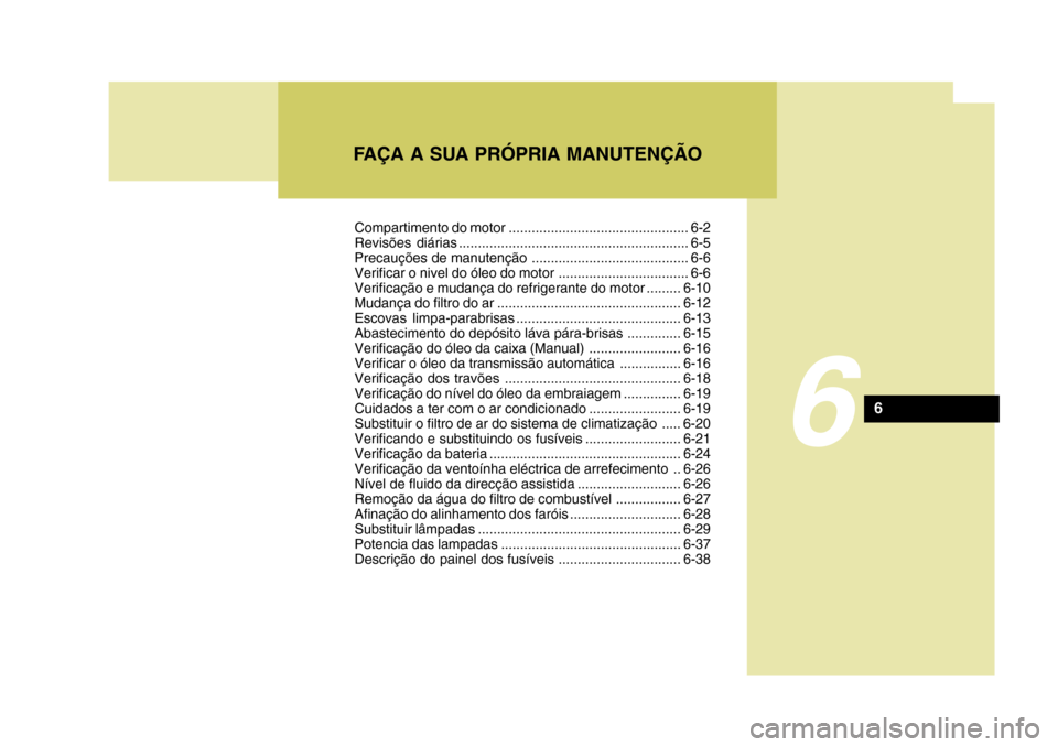 Hyundai Accent 2008  Manual do proprietário (in Portuguese) FAÇA A SUA PRÓPRIA MANUTENÇÃO
6
6
Compartimento do motor ............................................... 6-2 
Revisões diárias ............................................................ 6-5
Pr