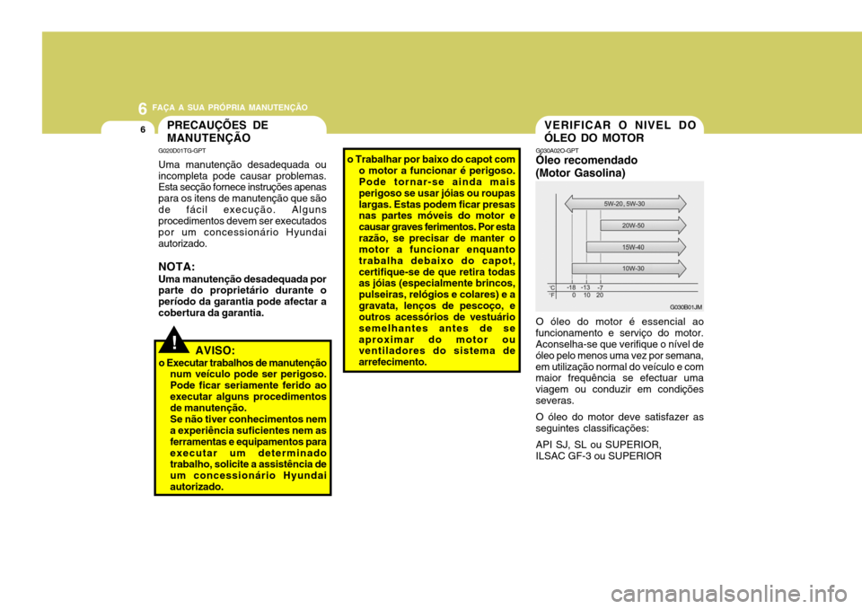 Hyundai Accent 2008  Manual do proprietário (in Portuguese) 6 FAÇA A SUA PRÓPRIA MANUTENÇÃO
6PRECAUÇÕES DE MANUTENÇÃOVERIFICAR O NIVEL DO ÓLEO DO MOTOR
G030A02O-GPT
Óleo recomendado(Motor Gasolina)
O óleo do motor é essencial ao
funcionamento e ser