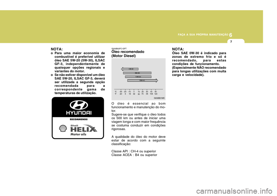 Hyundai Accent 2008  Manual do proprietário (in Portuguese) 6
FAÇA A SUA PRÓPRIA MANUTENÇÃO
7
G030B02FC-GPT
Óleo recomendado (Motor Diesel)
O óleo é essencial ao bom
funcionamento e manutenção do mo- tor.
Sugere-se que verifique o óleo todos
os 500 k