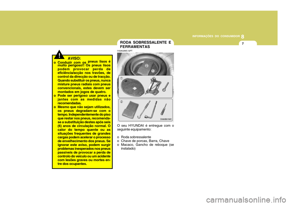 Hyundai Accent 2008 Manual do proprietário (in Portuguese) 8
INFORMAÇÕES DO CONSUMIDOR
7RODA SOBRESSALENTE E FERRAMENTAS
!
I100A02MC-GPT
O seu HYUNDAI é entregue com o seguinte equipamento:
o Roda sobressalente
o Chave de porcas, Barra, Chave
o Macaco, G Hyundai Accent 2008 Manual do proprietário (in Portuguese) 8
INFORMAÇÕES DO CONSUMIDOR
7RODA SOBRESSALENTE E FERRAMENTAS
!
I100A02MC-GPT
O seu HYUNDAI é entregue com o seguinte equipamento:
o Roda sobressalente
o Chave de porcas, Barra, Chave
o Macaco, G
