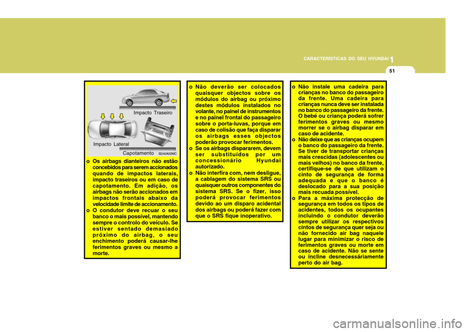 Hyundai Accent 2008  Manual do proprietário (in Portuguese) 1
CARACTERÍSTICAS DO SEU HYUNDAI
51
o Não deverão ser colocados
quaisquer objectos sobre os módulos do airbag ou próximodestes módulos instalados no volante, no painel de instrumentos e no paine