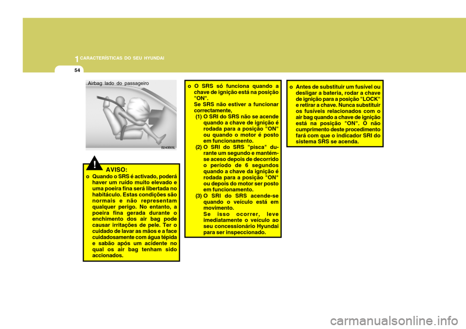 Hyundai Accent 2008  Manual do proprietário (in Portuguese) 1CARACTERÍSTICAS DO SEU HYUNDAI
54
o O SRS só funciona quando a
chave de ignição está na posição "ON".Se SRS não estiver a funcionarcorrectamente,
(1) O SRI do SRS não se acende quando a chav