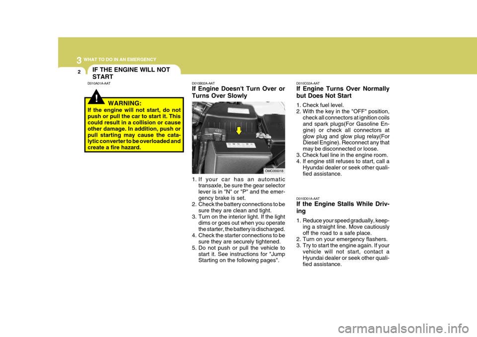 Hyundai Accent 2007  Owners Manual 3 WHAT TO DO IN AN EMERGENCY
2
!
D010B02A-AAT If Engine Doesnt Turn Over or Turns Over Slowly 
1. If your car has an automatic
transaxle, be sure the gear selector lever is in "N" or "P" and the emer