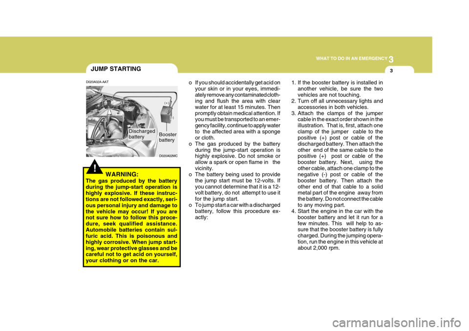 Hyundai Accent 2007  Owners Manual 3
WHAT TO DO IN AN EMERGENCY
3
!
JUMP STARTING
WARNING:
The gas produced by the battery during the jump-start operation ishighly explosive. If these instruc- tions are not followed exactly, seri- ous 