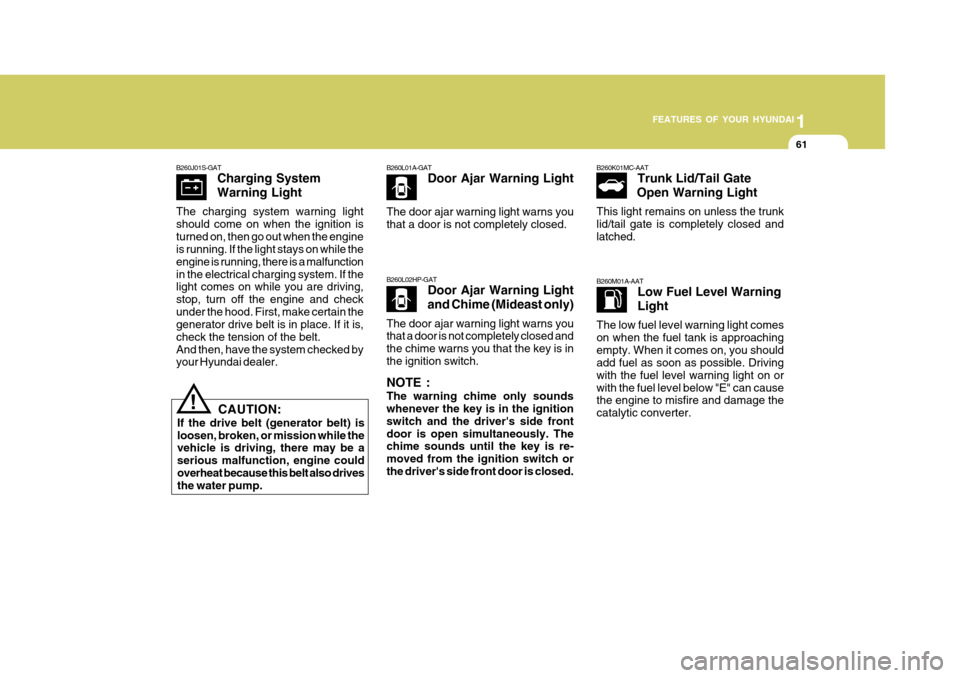 Hyundai Accent 2007  Owners Manual 1
FEATURES OF YOUR HYUNDAI
61
B260J01S-GAT Charging System Warning Light
The charging system warning light should come on when the ignition isturned on, then go out when the engine is running. If the 