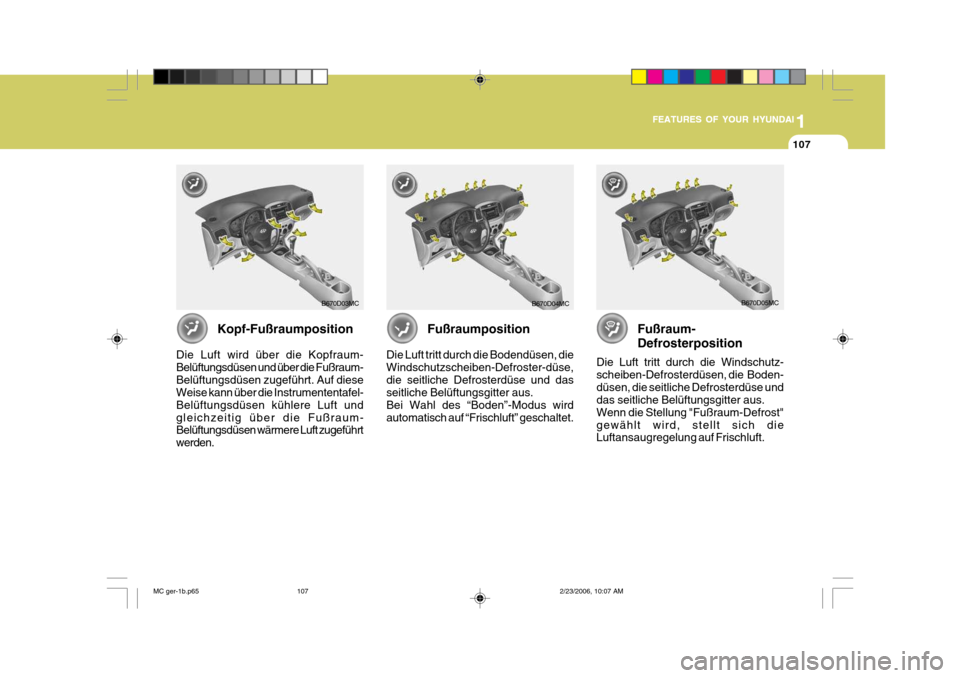 Hyundai Accent 2007 Betriebsanleitung (in German) 1
FEATURES OF YOUR HYUNDAI
107
1
FEATURES OF YOUR HYUNDAI
107
1
FEATURES OF YOUR HYUNDAI
107
B670D03MCB670D04MC
B670D05MC
Kopf-Fußraumposition
Die Luft wird über die Kopfraum- Belüftungsdüsen und Hyundai Accent 2007 Betriebsanleitung (in German) 1
FEATURES OF YOUR HYUNDAI
107
1
FEATURES OF YOUR HYUNDAI
107
1
FEATURES OF YOUR HYUNDAI
107
B670D03MCB670D04MC
B670D05MC
Kopf-Fußraumposition
Die Luft wird über die Kopfraum- Belüftungsdüsen und