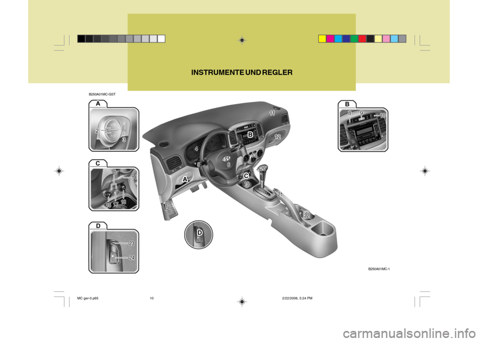 Hyundai Accent 2007 Betriebsanleitung (in German) B250A01MC-GSTINSTRUMENTE UND REGLER
B250A01MC-1
MC ger-0.p65
2/22/2006, 5:24 PM
10 Hyundai Accent 2007 Betriebsanleitung (in German) B250A01MC-GSTINSTRUMENTE UND REGLER
B250A01MC-1
MC ger-0.p65
2/22/2006, 5:24 PM
10