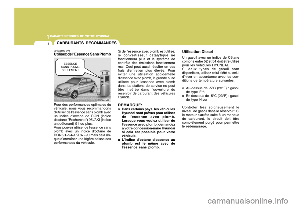Hyundai Accent 2007  Manuel du propriétaire (in French) 1CARACTÉRISTIQUES DE VOTRE HYUNDAI
4CARBURANTS RECOMMANDES
B010A01MC-GVT Utilisez de lEssence Sans Plomb Pour des performances optimales du véhicule, nous vous recommandons dutiliser de lessence 