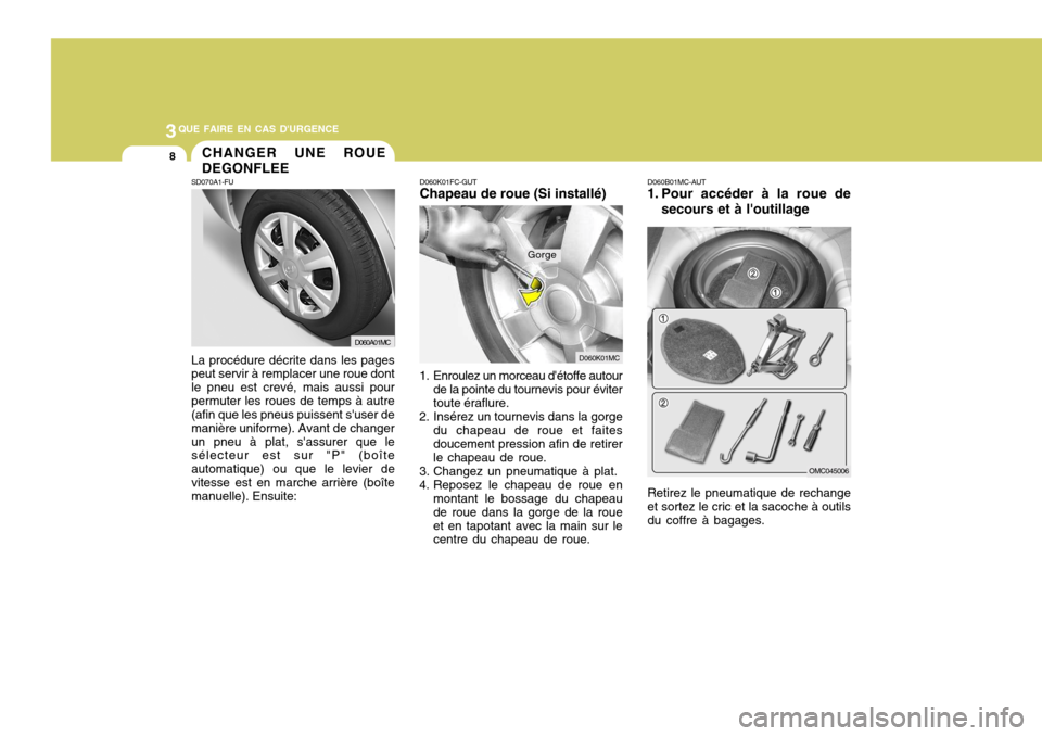 Hyundai Accent 2007 Manuel du propriétaire (in French) 3QUE FAIRE EN CAS DURGENCE
8
D060B01MC-AUT
1. Pour accéder à la roue de
secours et à loutillage
Retirez le pneumatique de rechange et sortez le cric et la sacoche à outils du coffre à bagages.D Hyundai Accent 2007 Manuel du propriétaire (in French) 3QUE FAIRE EN CAS DURGENCE
8
D060B01MC-AUT
1. Pour accéder à la roue de
secours et à loutillage
Retirez le pneumatique de rechange et sortez le cric et la sacoche à outils du coffre à bagages.D