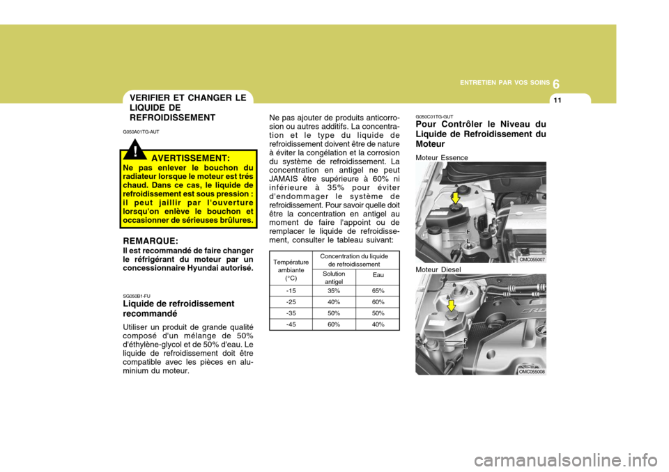 Hyundai Accent 2007 Manuel du propriétaire (in French) 6
ENTRETIEN PAR VOS SOINS
11
G050C01TG-GUT Pour Contrôler le Niveau du Liquide de Refroidissement duMoteur Moteur Essence
SG050B1-FU Liquide de refroidissement recommandé Utiliser un produit de gran Hyundai Accent 2007 Manuel du propriétaire (in French) 6
ENTRETIEN PAR VOS SOINS
11
G050C01TG-GUT Pour Contrôler le Niveau du Liquide de Refroidissement duMoteur Moteur Essence
SG050B1-FU Liquide de refroidissement recommandé Utiliser un produit de gran
