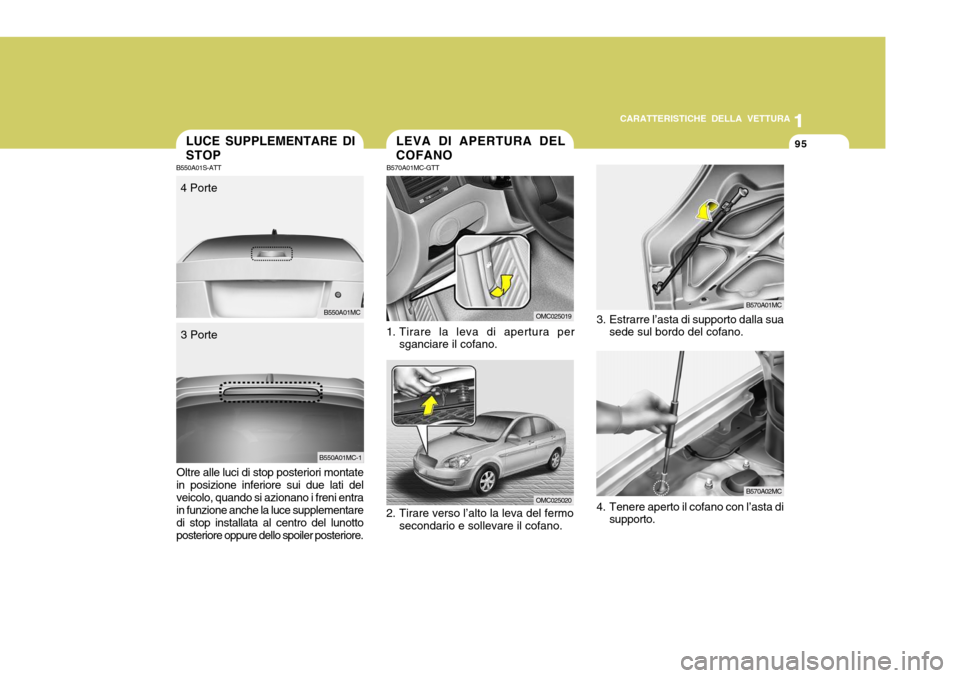 Hyundai Accent 2007 Manuale del proprietario (in Italian) 1
CARATTERISTICHE DELLA VETTURA
95
1
95
Oltre alle luci di stop posteriori montate
in posizione inferiore sui due lati del veicolo, quando si azionano i freni entra in funzione anche la luce supplemen Hyundai Accent 2007 Manuale del proprietario (in Italian) 1
CARATTERISTICHE DELLA VETTURA
95
1
95
Oltre alle luci di stop posteriori montate
in posizione inferiore sui due lati del veicolo, quando si azionano i freni entra in funzione anche la luce supplemen