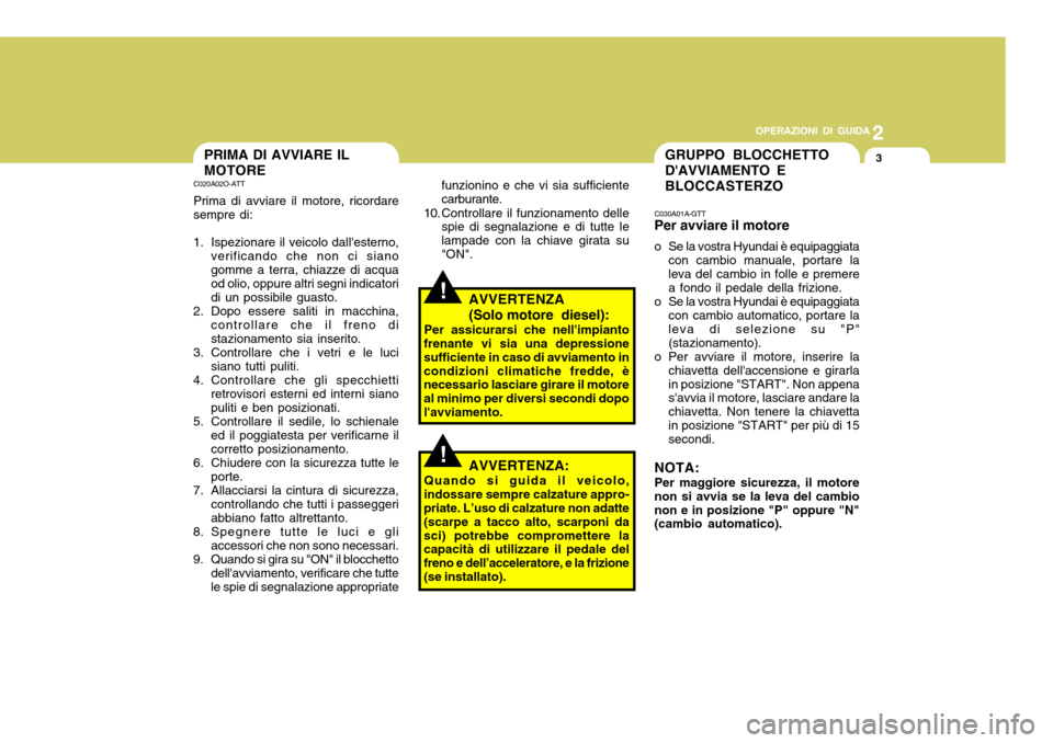 Hyundai Accent 2007 Manuale del proprietario (in Italian) 2
OPERAZIONI DI GUIDA
3
funzionino e che vi sia sufficiente carburante.
10. Controllare il funzionamento delle spie di segnalazione e di tutte lelampade con la chiave girata su"ON".
AVVERTENZA
(Solo Hyundai Accent 2007 Manuale del proprietario (in Italian) 2
OPERAZIONI DI GUIDA
3
funzionino e che vi sia sufficiente carburante.
10. Controllare il funzionamento delle spie di segnalazione e di tutte lelampade con la chiave girata su"ON".
AVVERTENZA
(Solo