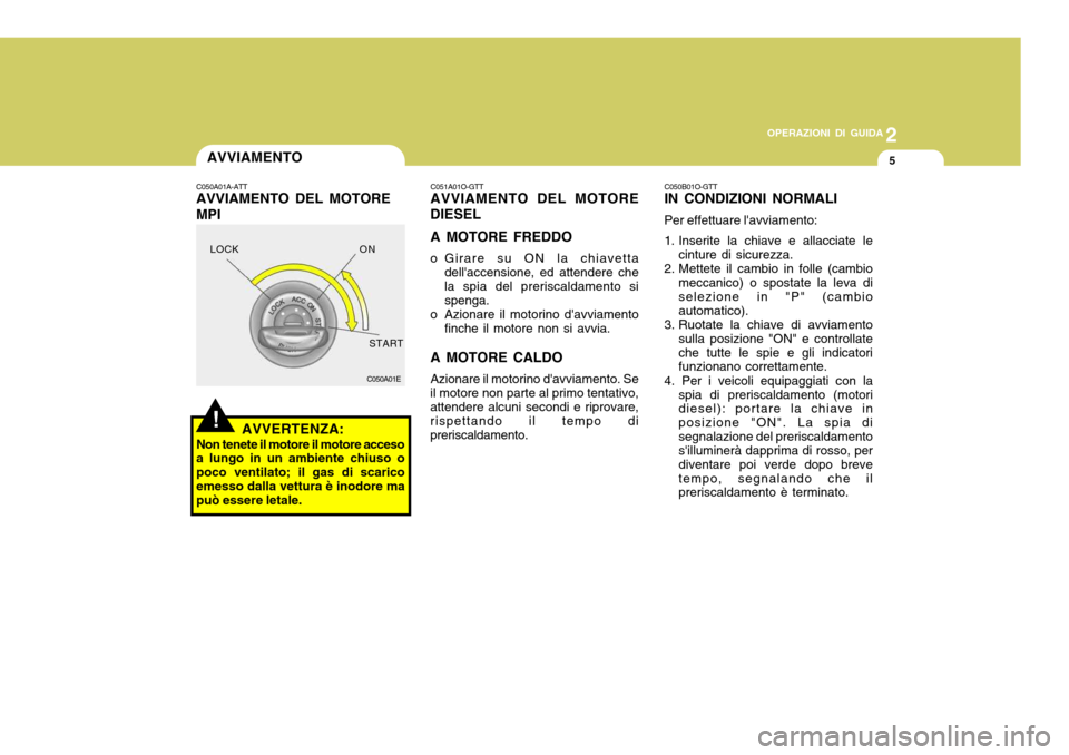 Hyundai Accent 2007  Manuale del proprietario (in Italian) 2
OPERAZIONI DI GUIDA
5
AVVERTENZA:
Non tenete il motore il motore acceso a lungo in un ambiente chiuso o poco ventilato; il gas di scaricoemesso dalla vettura è inodore ma può essere letale.!
C051A