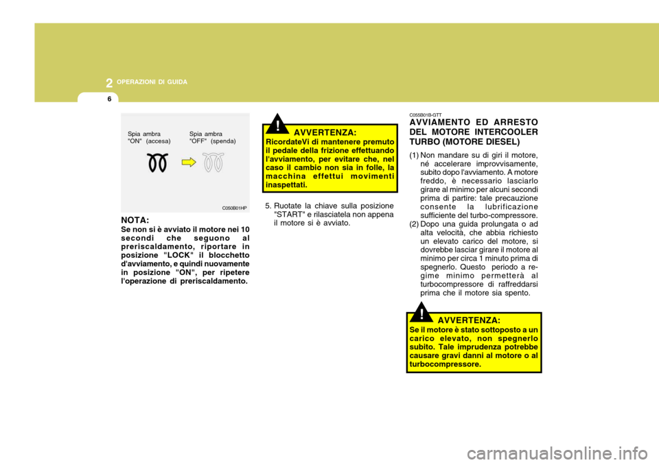Hyundai Accent 2007  Manuale del proprietario (in Italian) 2 OPERAZIONI DI GUIDA
6
C050B01HP
!
C055B01B-GTT AVVIAMENTO ED ARRESTO DEL MOTORE INTERCOOLERTURBO (MOTORE DIESEL)
(1) Non mandare su di giri il motore, né accelerare improvvisamente, subito dopo la