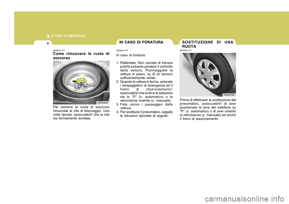 Hyundai Accent 2007 Manuale del proprietario (in Italian) 3 IN CASO DI EMERGENZA
6IN CASO DI FORATURA
SD060A1-FT In caso di foratura:
1. Rallentate. Non cercate di frenare poichè potreste perdere il controllo della vettura. Parcheggiate lavettura in piano, Hyundai Accent 2007 Manuale del proprietario (in Italian) 3 IN CASO DI EMERGENZA
6IN CASO DI FORATURA
SD060A1-FT In caso di foratura:
1. Rallentate. Non cercate di frenare poichè potreste perdere il controllo della vettura. Parcheggiate lavettura in piano,