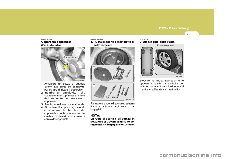 Hyundai Accent 2007 Manuale del proprietario (in Italian) 3
IN CASO DI EMERGENZA
7
D060C01MC
D060B01MC-ATT
1. Ruota di scorta e martinetto di
sollevamento
Rimuovere la ruota di scorta ed estrarre
il cric e la borsa degli attrezzi dal bagagliaio.
NOTA: La ru Hyundai Accent 2007 Manuale del proprietario (in Italian) 3
IN CASO DI EMERGENZA
7
D060C01MC
D060B01MC-ATT
1. Ruota di scorta e martinetto di
sollevamento
Rimuovere la ruota di scorta ed estrarre
il cric e la borsa degli attrezzi dal bagagliaio.
NOTA: La ru