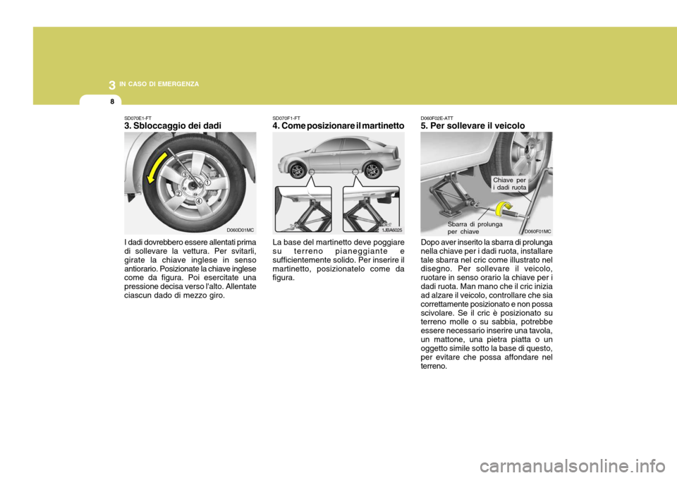Hyundai Accent 2007 Manuale del proprietario (in Italian) 3 IN CASO DI EMERGENZA
8
SD070F1-FT
4. Come posizionare il martinetto
La base del martinetto deve poggiare
su terreno pianeggiante e sufficientemente solido. Per inserire ilmartinetto, posizionatelo Hyundai Accent 2007 Manuale del proprietario (in Italian) 3 IN CASO DI EMERGENZA
8
SD070F1-FT
4. Come posizionare il martinetto
La base del martinetto deve poggiare
su terreno pianeggiante e sufficientemente solido. Per inserire ilmartinetto, posizionatelo