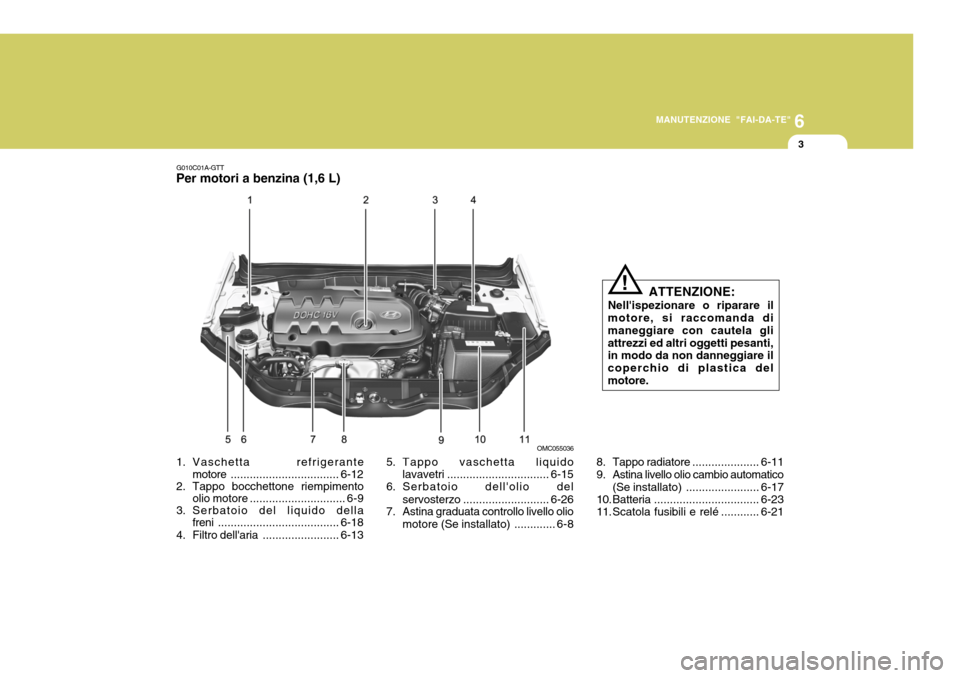Hyundai Accent 2007  Manuale del proprietario (in Italian) 6
MANUTENZIONE "FAI-DA-TE"
3
G010C01A-GTT
Per motori a benzina (1,6 L)
5. Tappo vaschetta liquidolavavetri ................................ 6-15
6. Serbatoio dellolio del
servosterzo ................