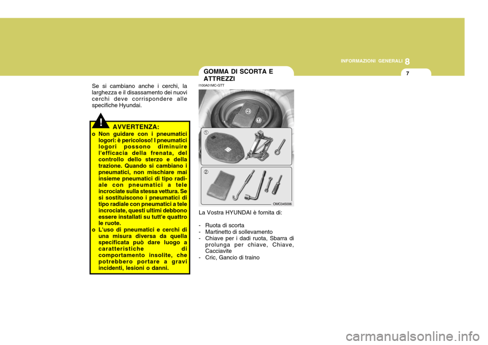 Hyundai Accent 2007 Manuale del proprietario (in Italian) 8
INFORMAZIONI GENERALI
7GOMMA DI SCORTA E ATTREZZI
I100A01MC-GTT
La Vostra HYUNDAI è fornita di:
- Ruota di scorta
- Martinetto di sollevamento
- Chiave per i dadi ruota, Sbarra di prolunga per ch Hyundai Accent 2007 Manuale del proprietario (in Italian) 8
INFORMAZIONI GENERALI
7GOMMA DI SCORTA E ATTREZZI
I100A01MC-GTT
La Vostra HYUNDAI è fornita di:
- Ruota di scorta
- Martinetto di sollevamento
- Chiave per i dadi ruota, Sbarra di prolunga per ch